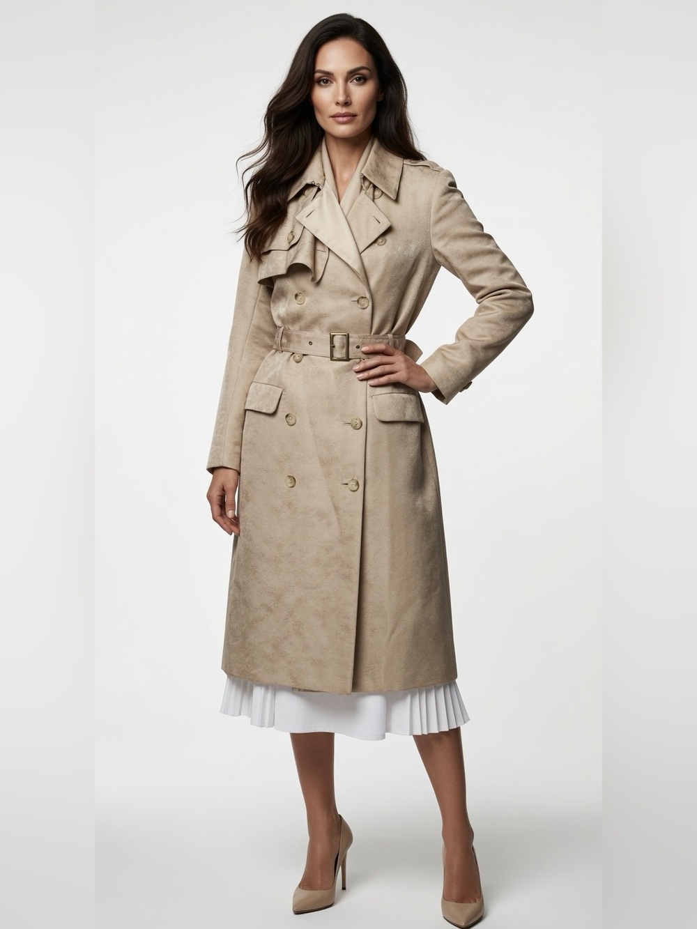 Doo Ri Classic Double-Breasted silk Trench Coat in Beige size 10
